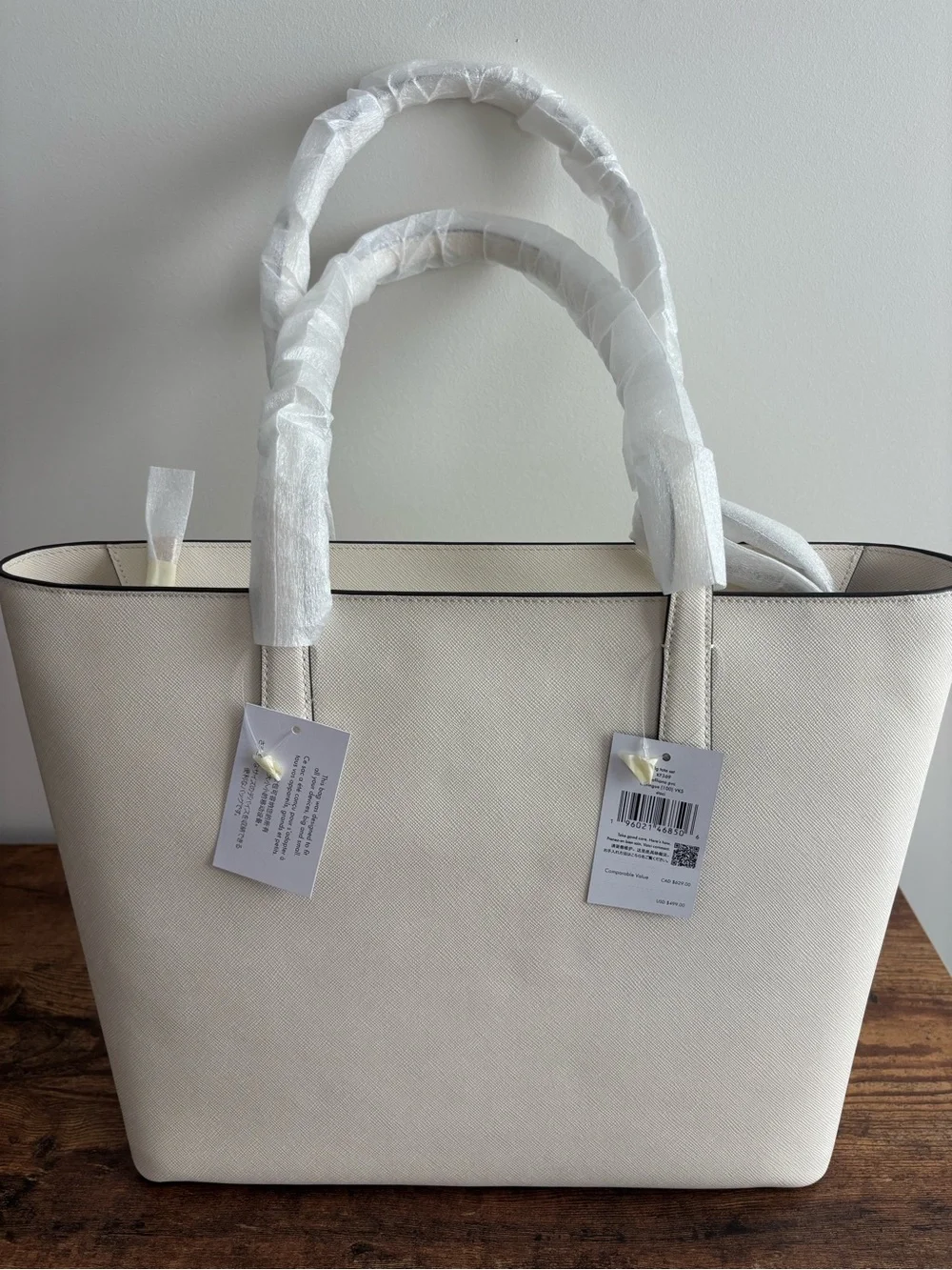 kate spade Cream Saffiano Leather Tote with Front Zip Pocket